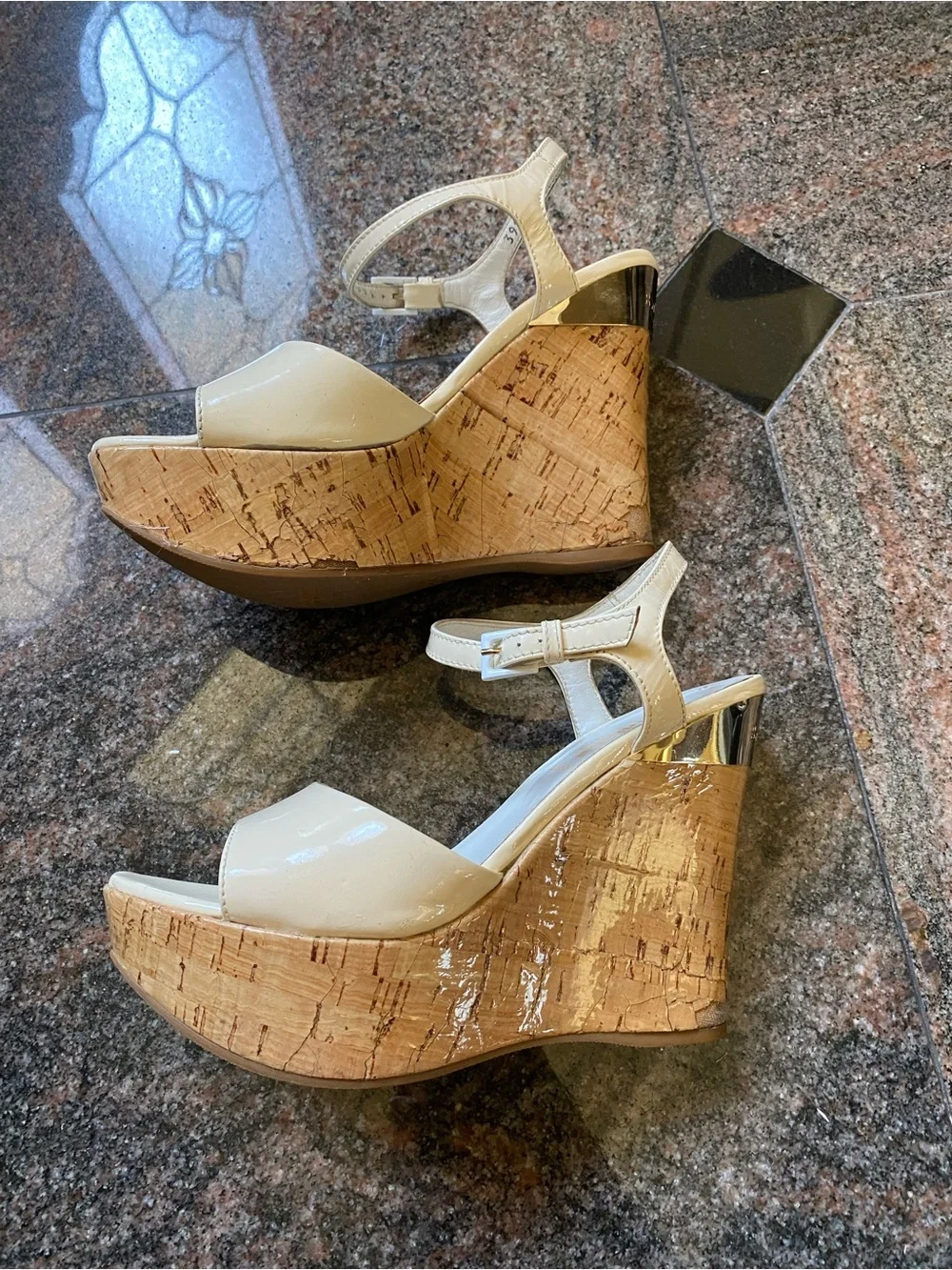 Baldinini Cream Patent Platform Sandals with Cork Platform